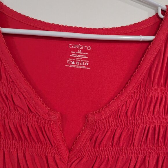 *3/$10* Carisma Smocked Split Neck Tee Coral Pink Size 1X - Picture 2 of 3